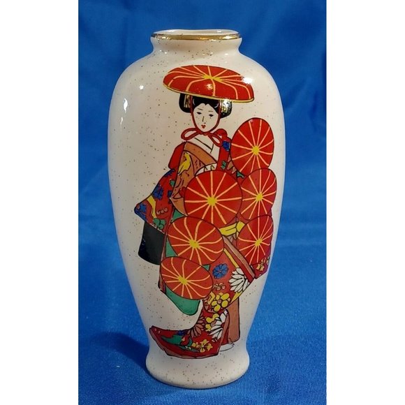 Rare 1970s OTAGIRI Vase Japanese Geisha Hat Dance 5.5" Bud Vase - Picture 2 of 9